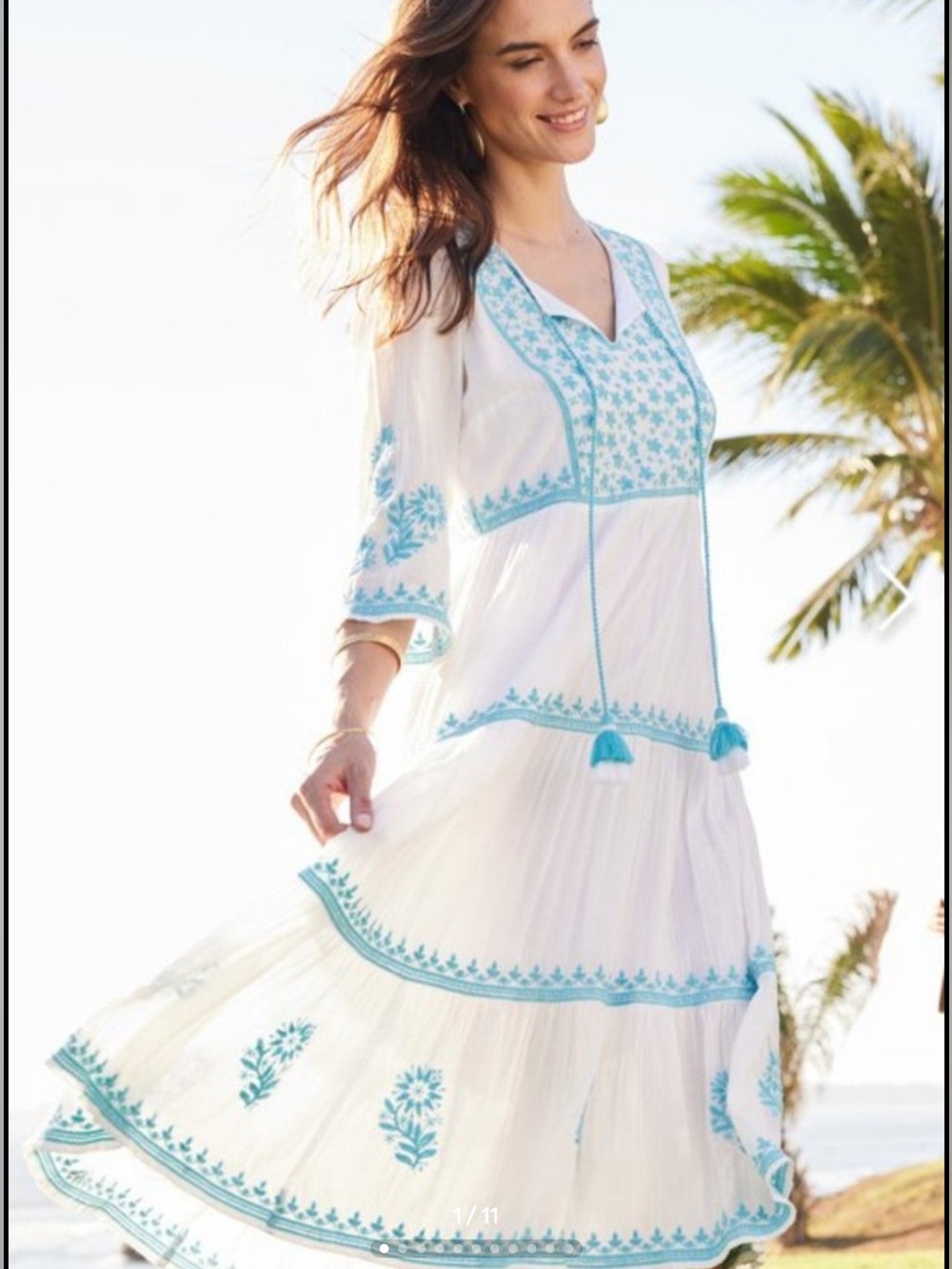 Soft Surroundings Juniper white gauze dress with aqua embroidery Size Small - Picture 2 of 16